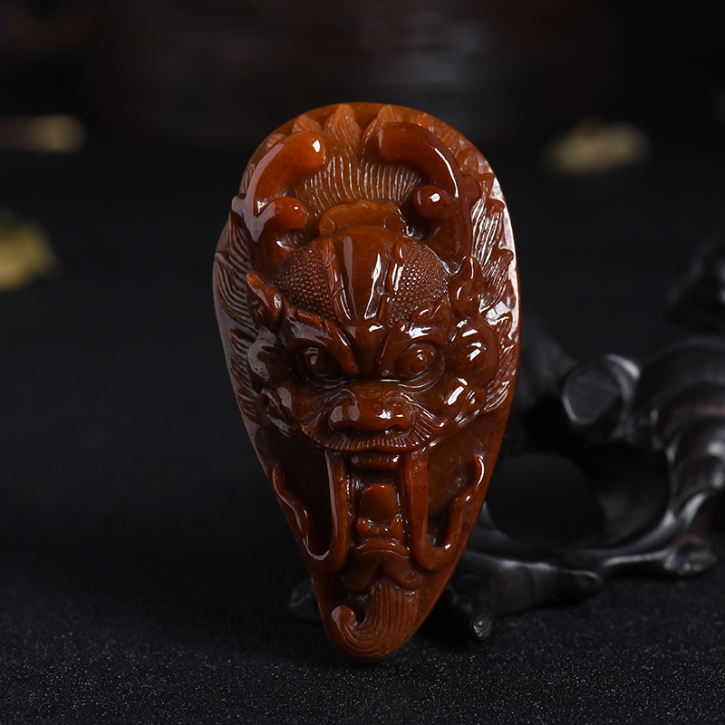 缅甸天然豆种黄翡龙头挂件-红掌柜