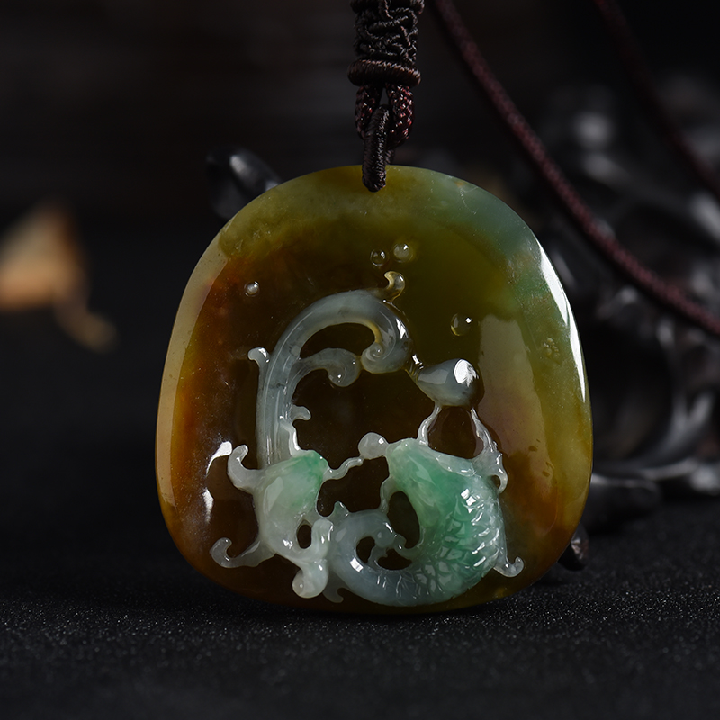 缅甸天然豆种黄翡金鱼挂件-红掌柜