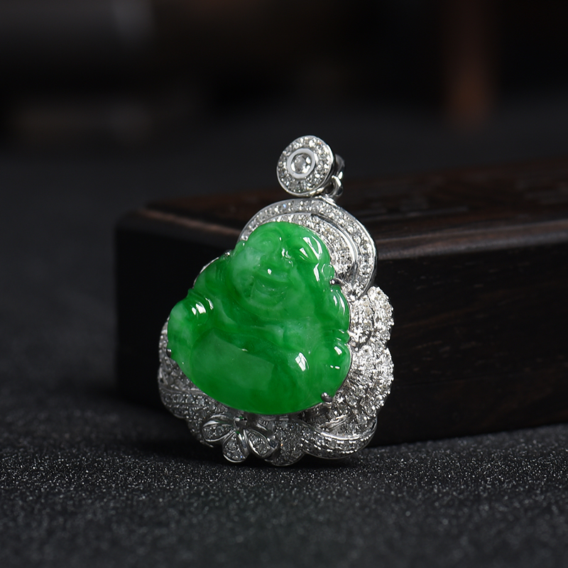 18K金豆种满翠翡翠笑佛吊坠 - 红掌柜