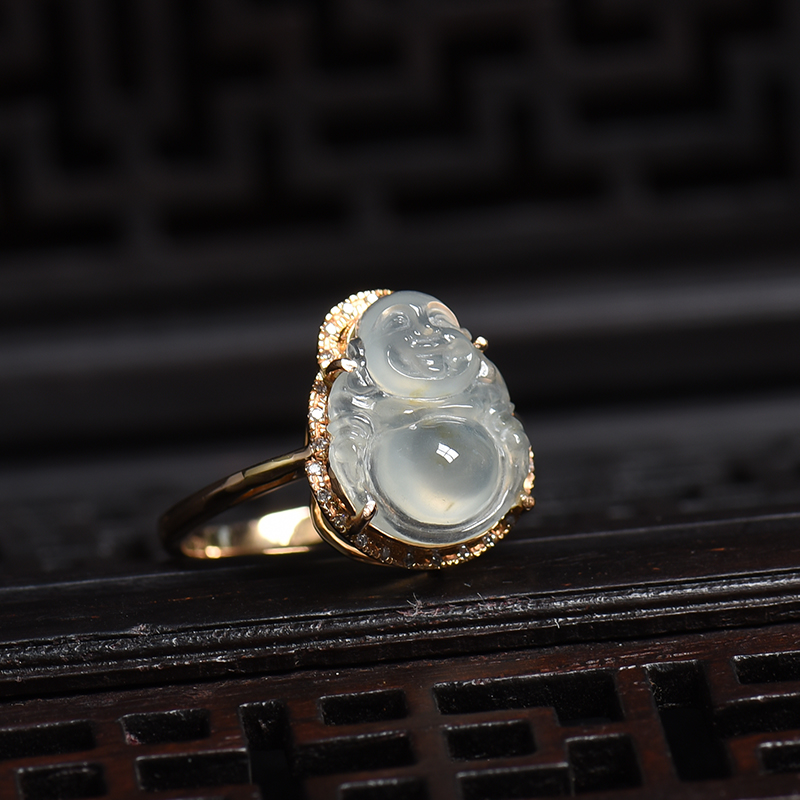 18K金镶钻天然糯冰种翡翠笑佛戒指-红掌柜