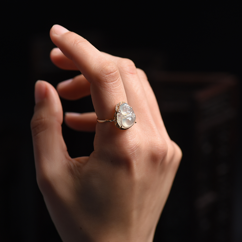 18K金镶钻糯冰种翡翠笑佛戒指-红掌柜