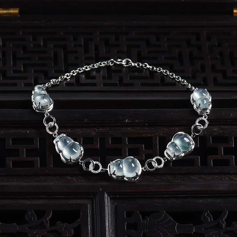 18K白金镶冰种飘花翡翠葫芦手链-红掌柜