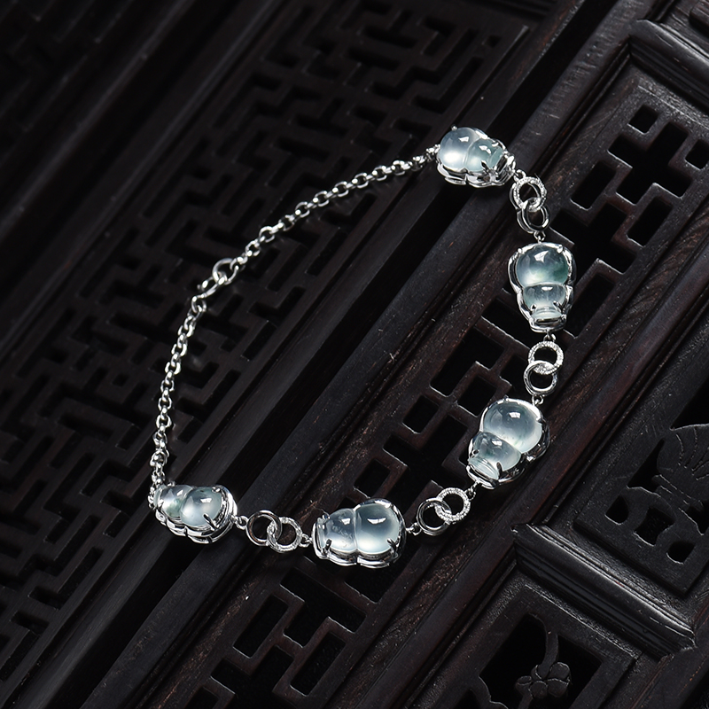 白金镶冰种飘花翡翠葫芦手链-红掌柜