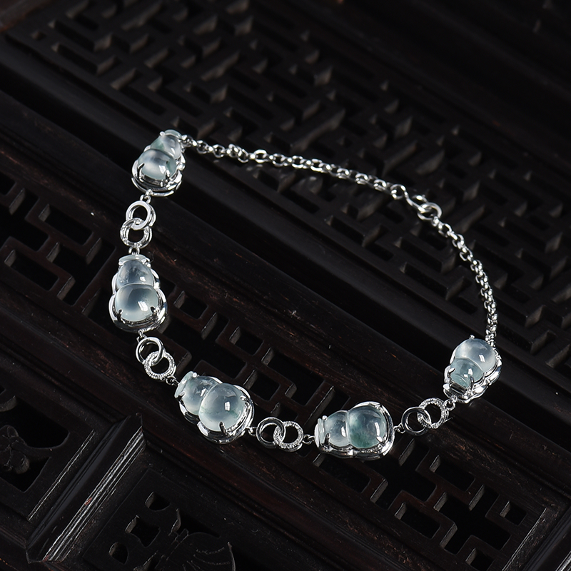 18K白金镶飘花翡翠葫芦手链-红掌柜