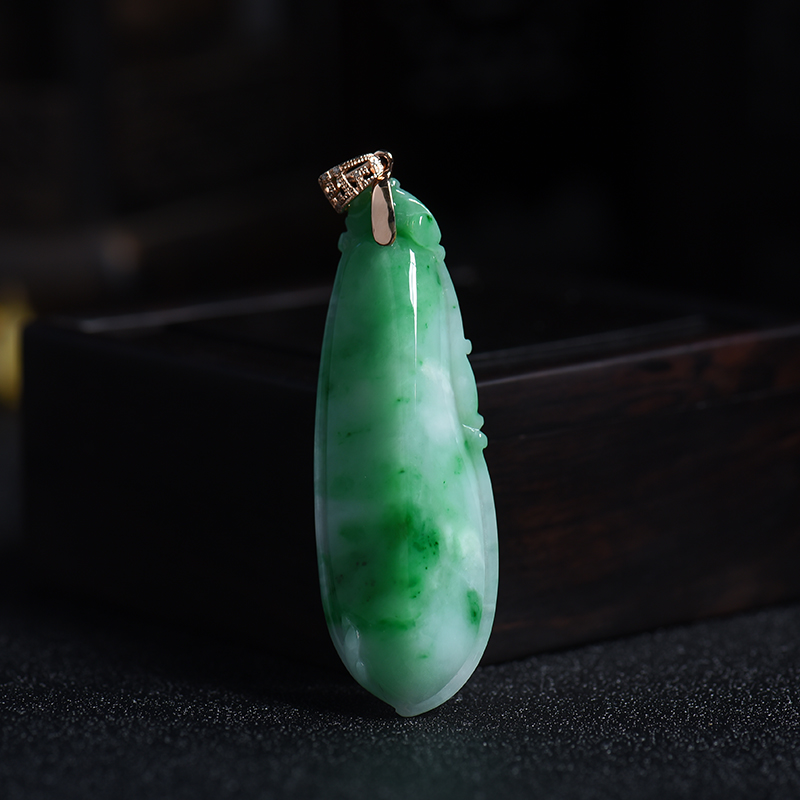 缅甸A货天然18K金镶糯种翠绿翡翠福瓜吊坠 - 红掌柜