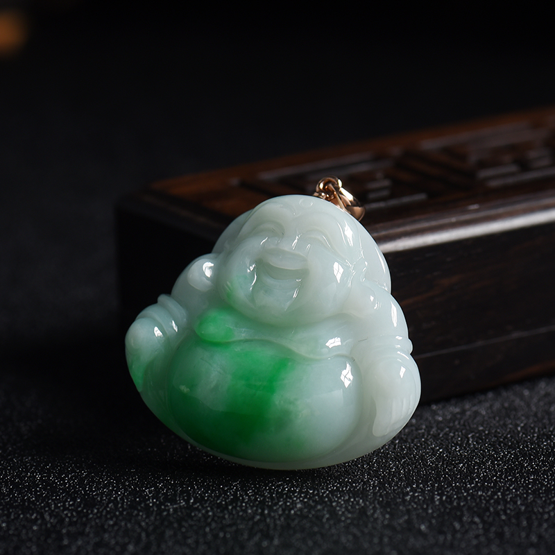 糯种飘绿花翡翠弥勒佛吊坠 - 红掌柜