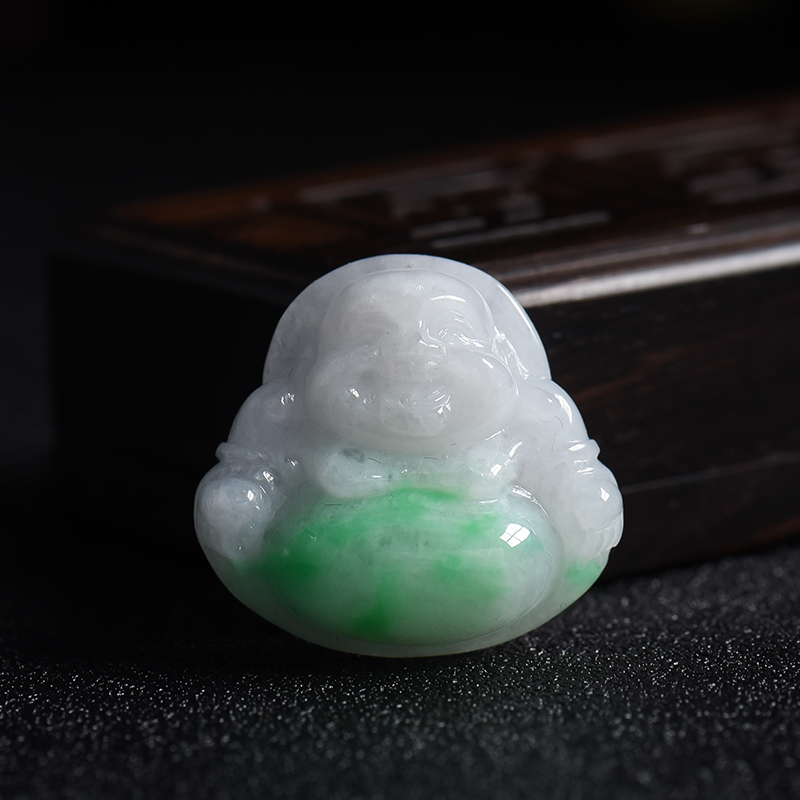 缅甸天然糯种飘绿花翡翠弥勒佛吊坠-红掌柜