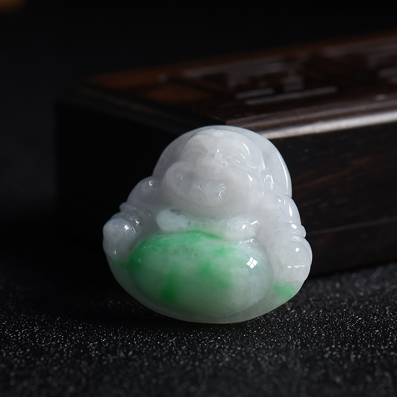 天然糯种飘绿花翡翠弥勒佛吊坠-红掌柜