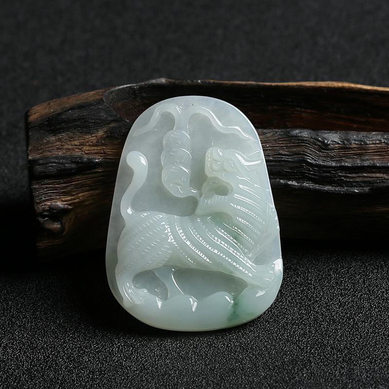 缅甸天然糯种飘蓝花翡翠寅虎吊坠-红掌柜