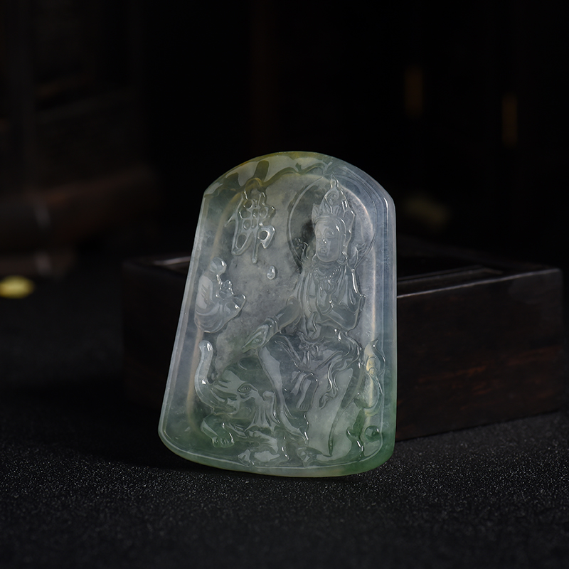 冰种飘蓝花翡翠普贤菩萨吊坠-红掌柜
