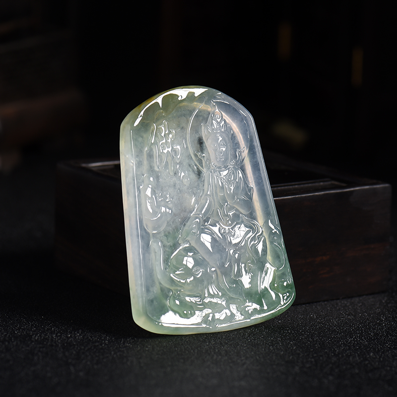 缅甸飘蓝花翡翠普贤菩萨吊坠-红掌柜