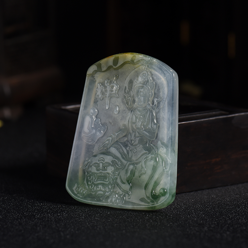 冰种飘蓝花翡翠文殊菩萨吊坠-红掌柜