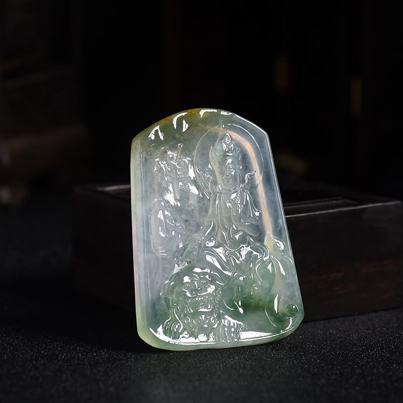 缅甸飘蓝花翡翠文殊菩萨吊坠-红掌柜