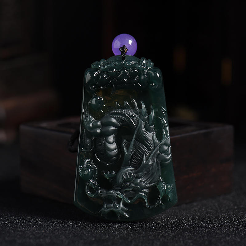 缅甸天然冰糯种深蓝色翡翠龙牌吊坠-红掌柜