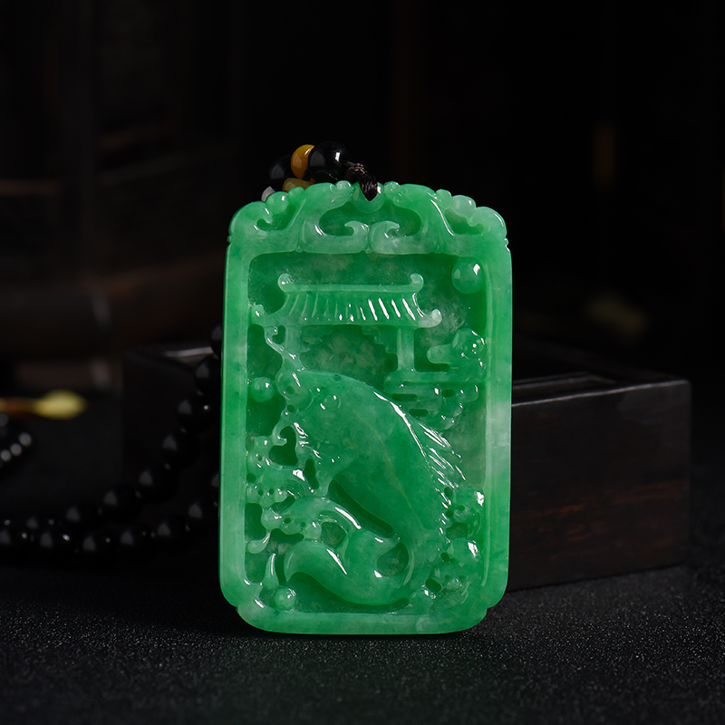 缅甸糯种阳绿翡翠鱼跃龙门吊坠-红掌柜