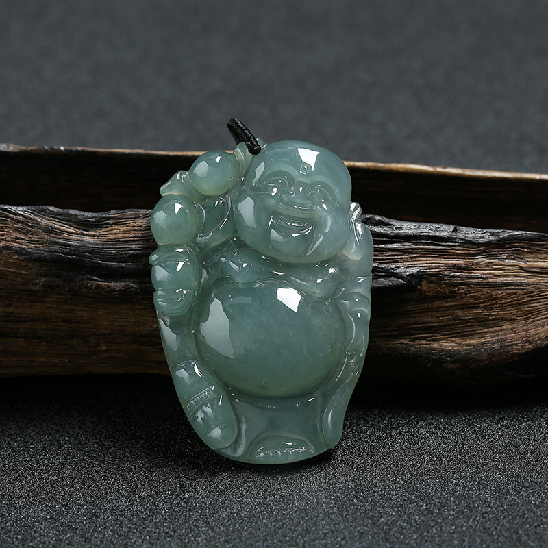 冰糯种灰绿色翡翠站佛吊坠-红掌柜