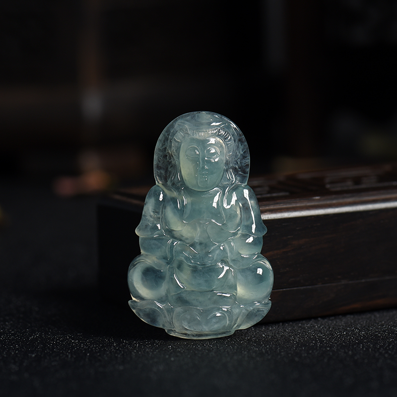 缅甸A货天然冰糯种无色翡翠观音吊坠 - 红掌柜