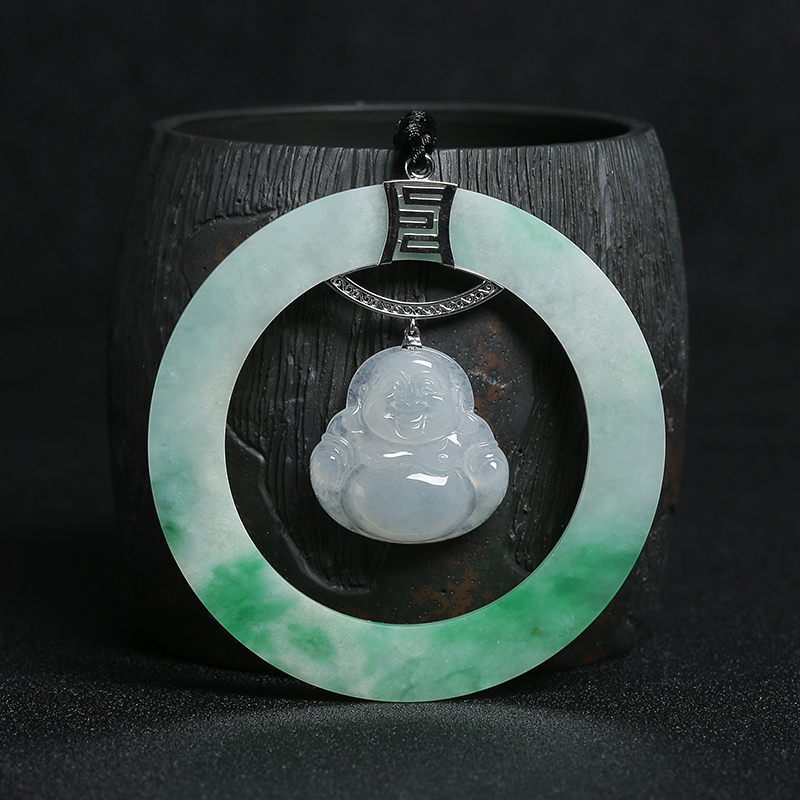 18K金镶糯种飘绿花翡翠挂件-红掌柜