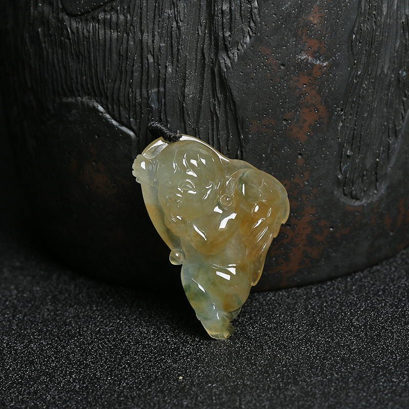 缅甸A货天然冰糯种俏色翡翠童子吊坠 - 红掌柜