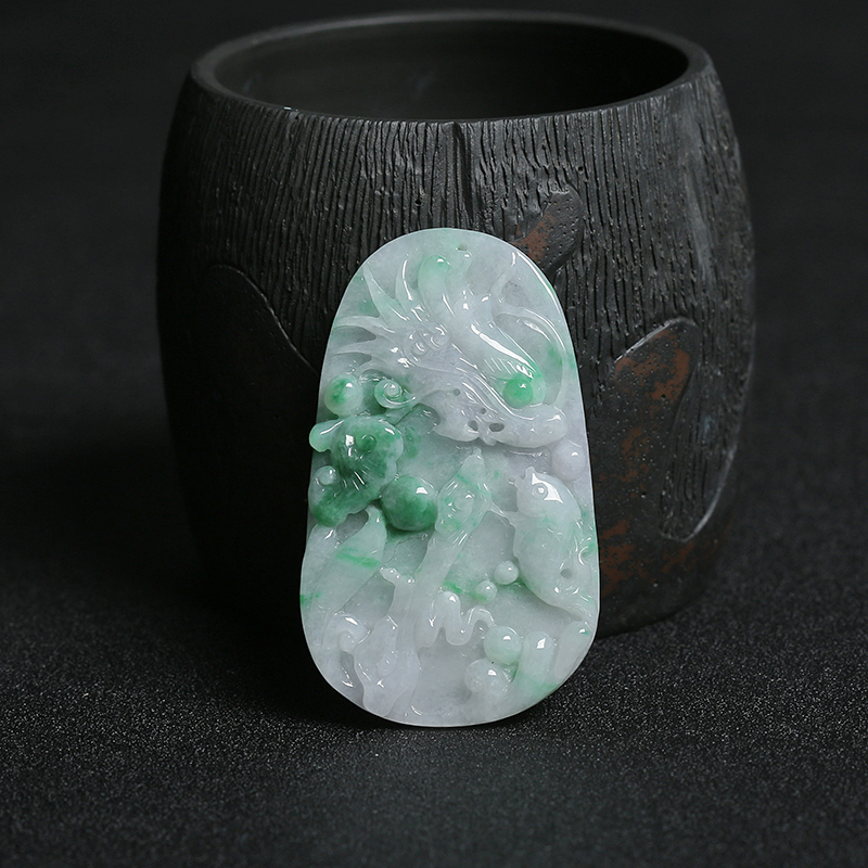 糯种飘绿花翡翠鱼跃龙门吊坠-红掌柜