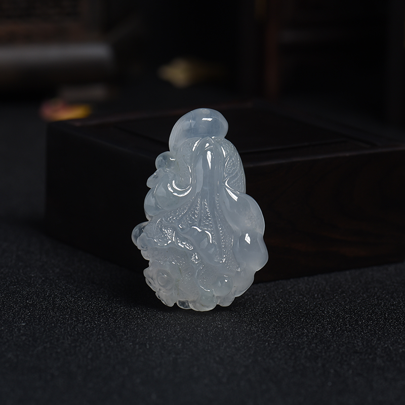 缅甸天然冰糯种无色翡翠白菜吊坠-红掌柜