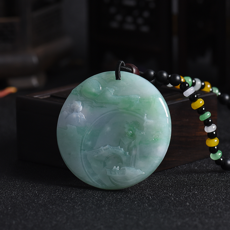 A货天然糯种春带彩翡翠山水牌吊坠 - 红掌柜