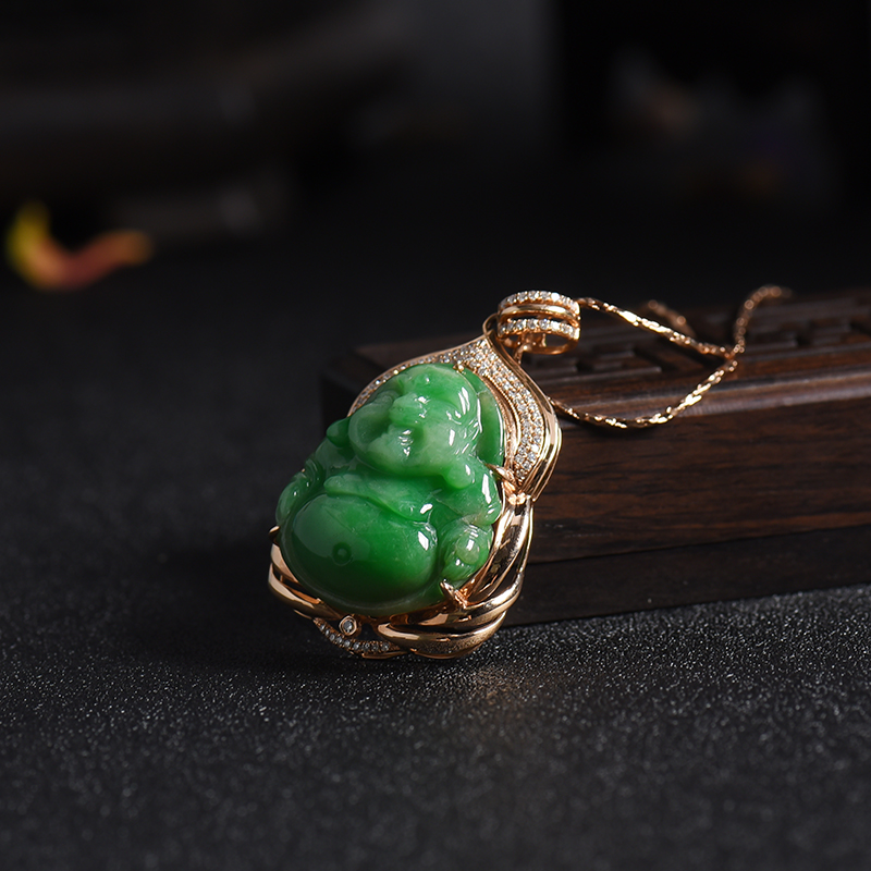 缅甸天然豆种阳绿翡翠弥勒佛吊坠-红掌柜