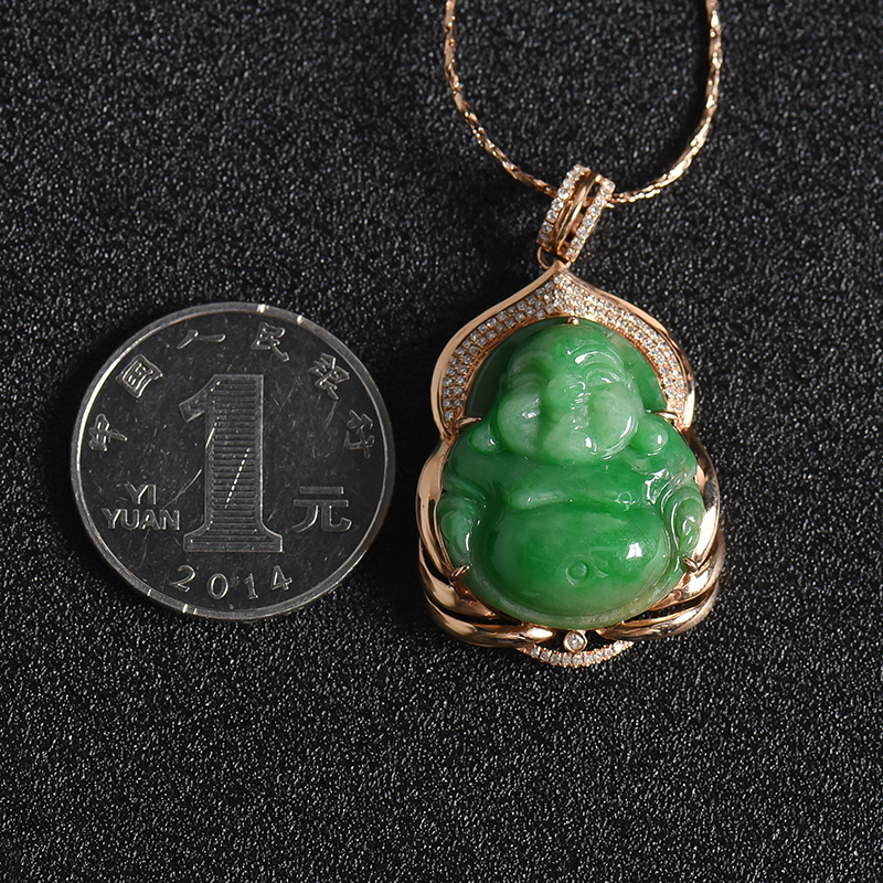 豆种阳绿翡翠弥勒佛吊坠-红掌柜