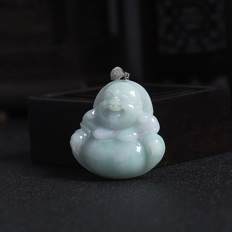 锆石糯种浅绿翡翠弥勒佛吊坠-红掌柜