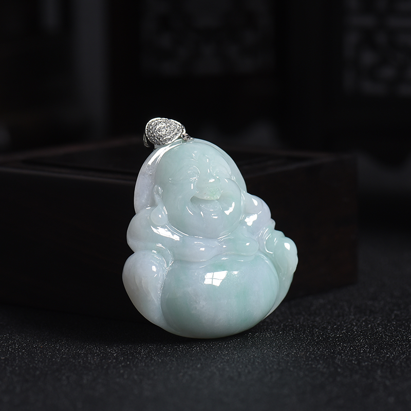 糯种浅绿翡翠弥勒佛吊坠-红掌柜