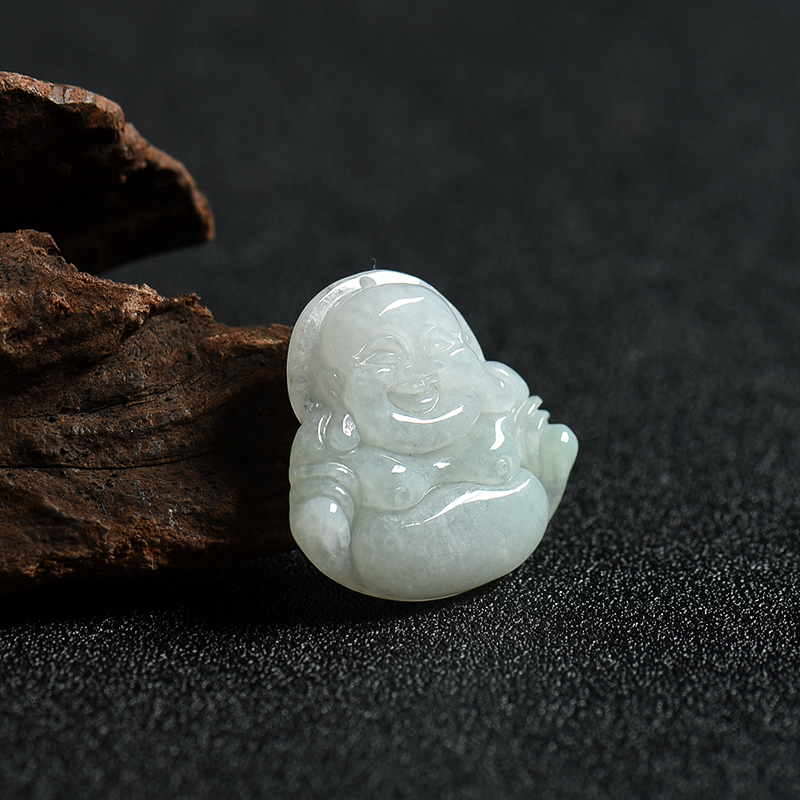 天然豆种浅绿翡翠弥勒佛吊坠-红掌柜