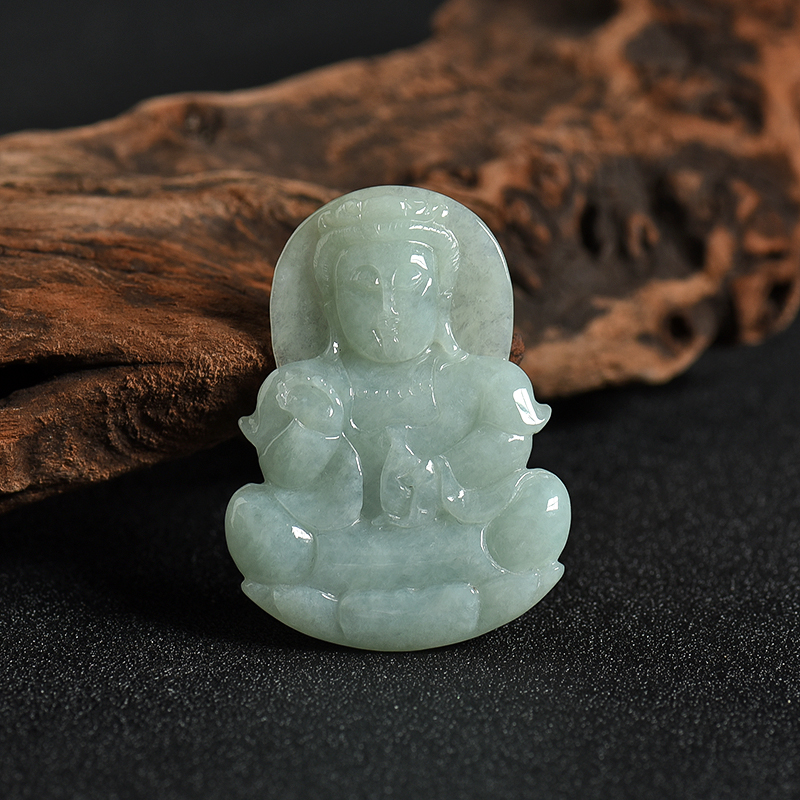 缅甸天然豆种浅绿翡翠观音吊坠-红掌柜