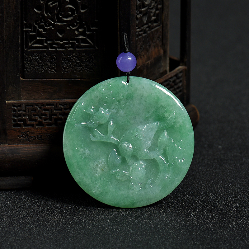 天然缅甸糯种飘绿翡翠喜上眉梢吊坠-红掌柜