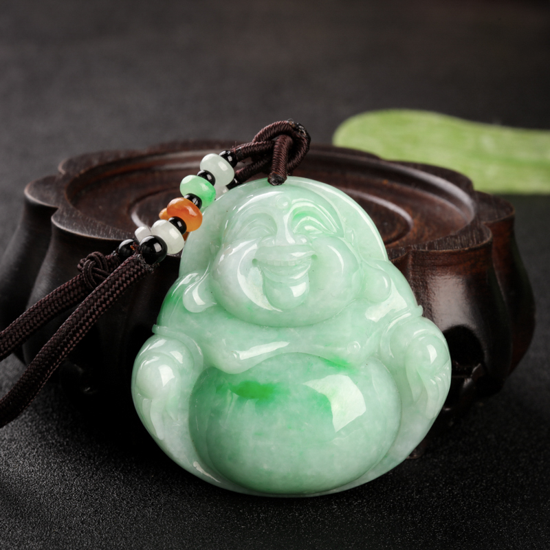 天然缅甸豆种飘翠翡翠弥勒佛吊坠-红掌柜