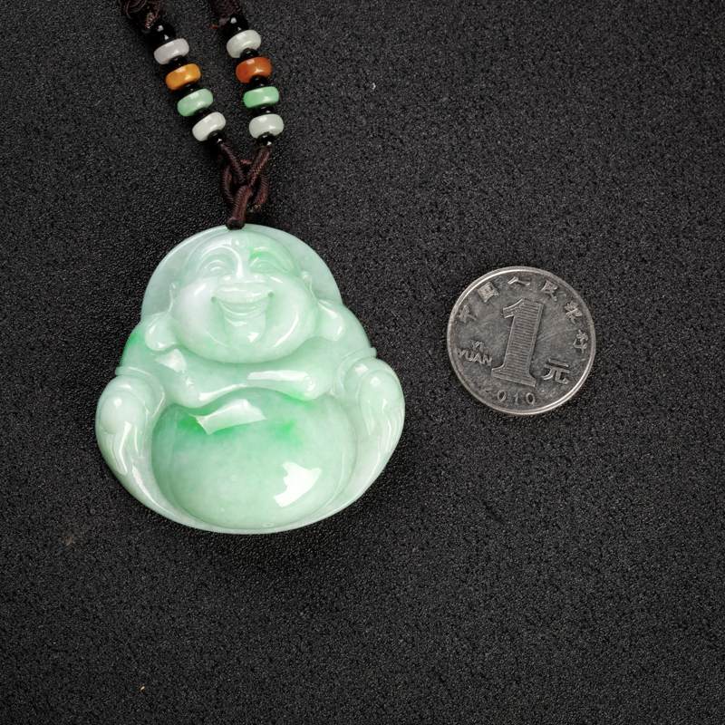 天然豆种飘翠翡翠弥勒佛吊坠-红掌柜
