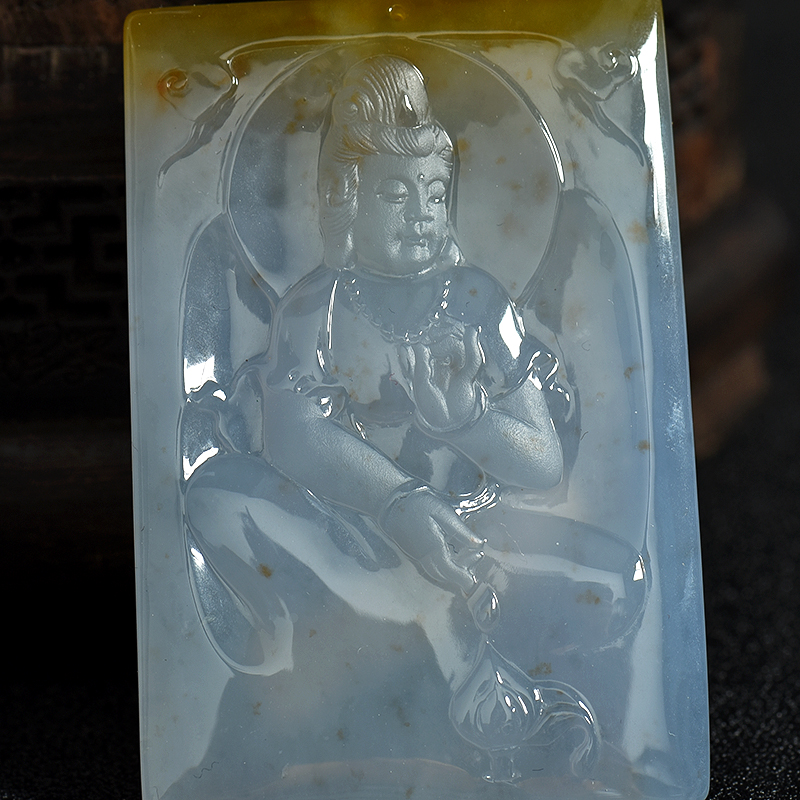 缅甸天然糯冰种俏色翡翠观音吊坠-红掌柜