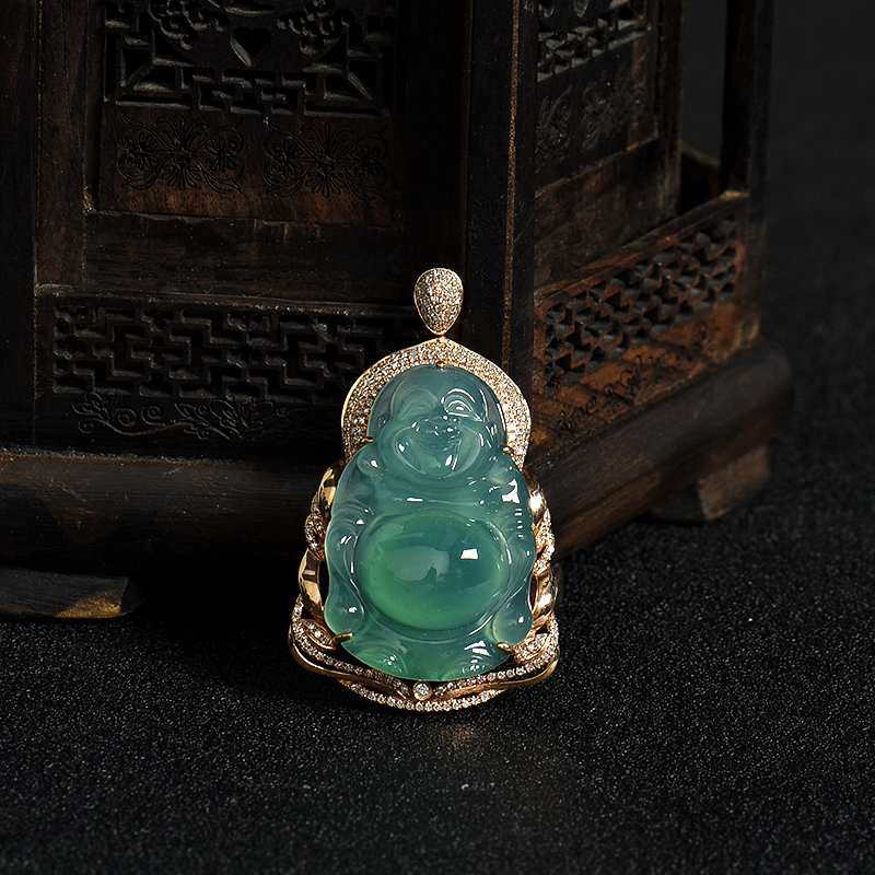 18K金镶钻糯冰种晴水翡翠佛吊坠-红掌柜