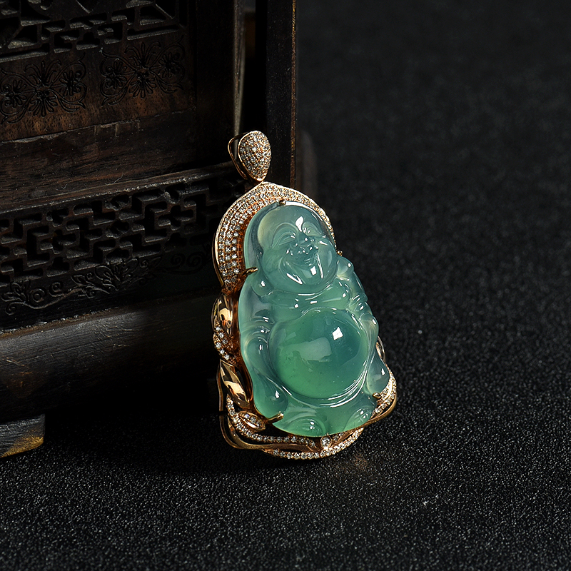 缅甸18K金镶钻糯冰种晴水翡翠佛吊坠-红掌柜