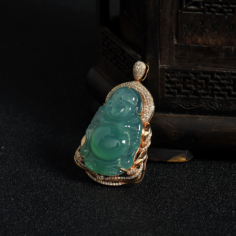 18K金镶钻糯冰种晴水翡翠佛-红掌柜