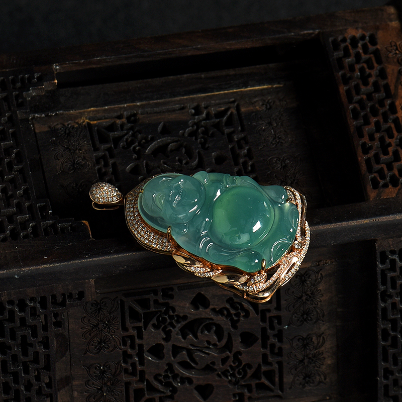 缅甸18K金镶钻糯冰种晴水翡翠佛吊坠-红掌柜