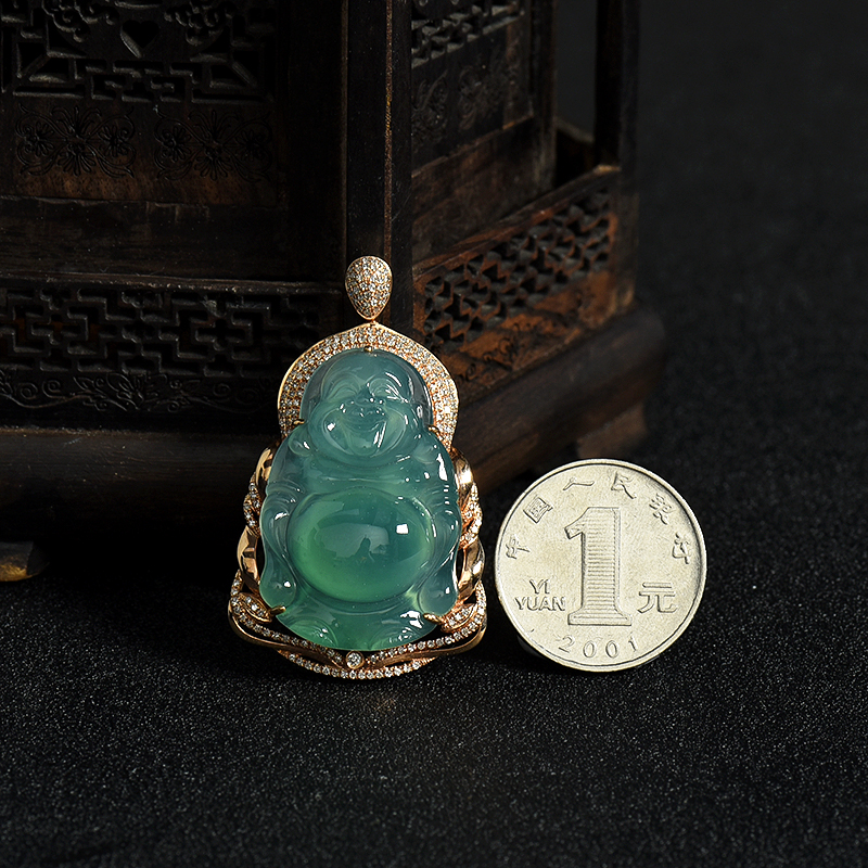 缅甸天然18K金镶钻糯冰种晴水翡翠佛吊坠-红掌柜