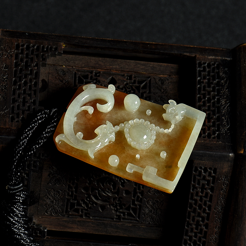 缅甸天然糯种黄翡双龙戏珠吊坠-红掌柜