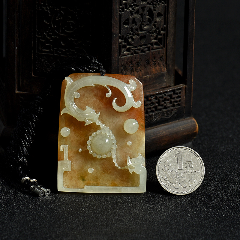 糯种黄翡双龙戏珠吊坠-红掌柜