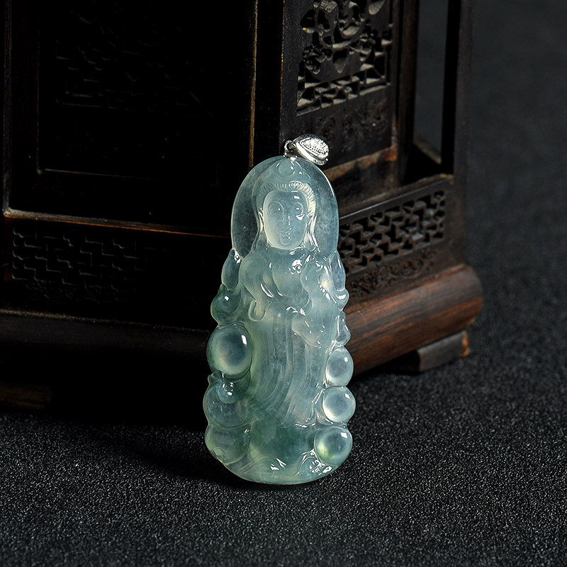 缅甸天然糯冰种飘花翡翠观音吊坠-红掌柜