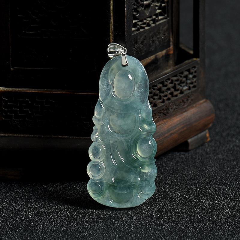 缅甸天然飘花翡翠观音吊坠-红掌柜