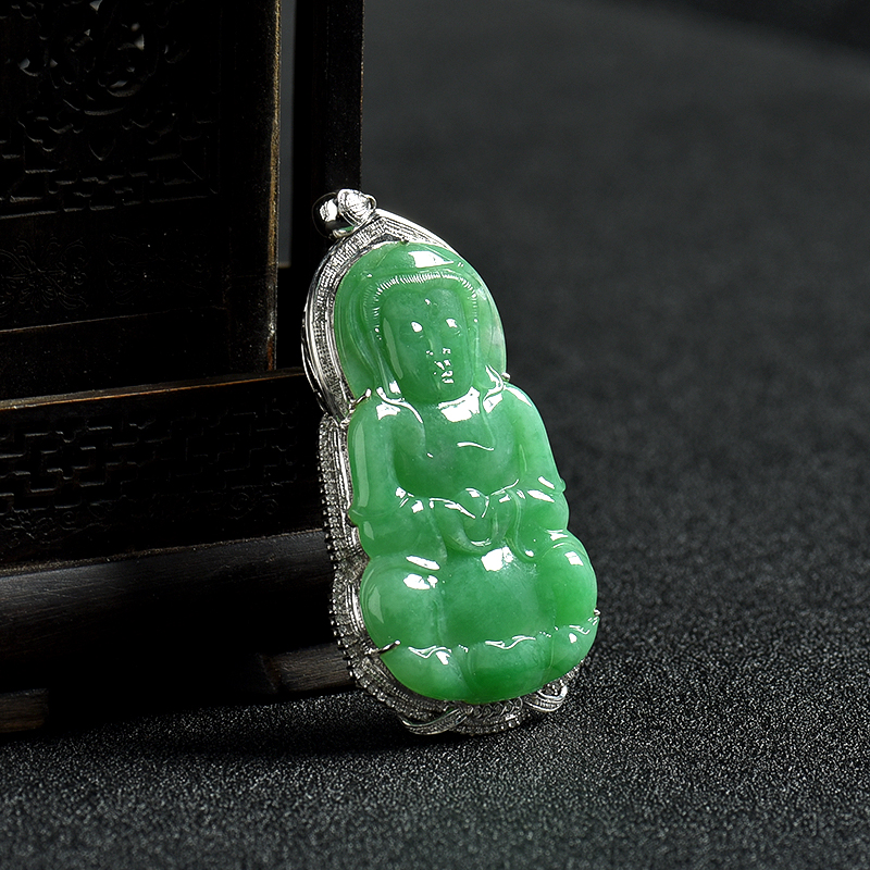 天然糯种翠绿翡翠观音吊坠-红掌柜