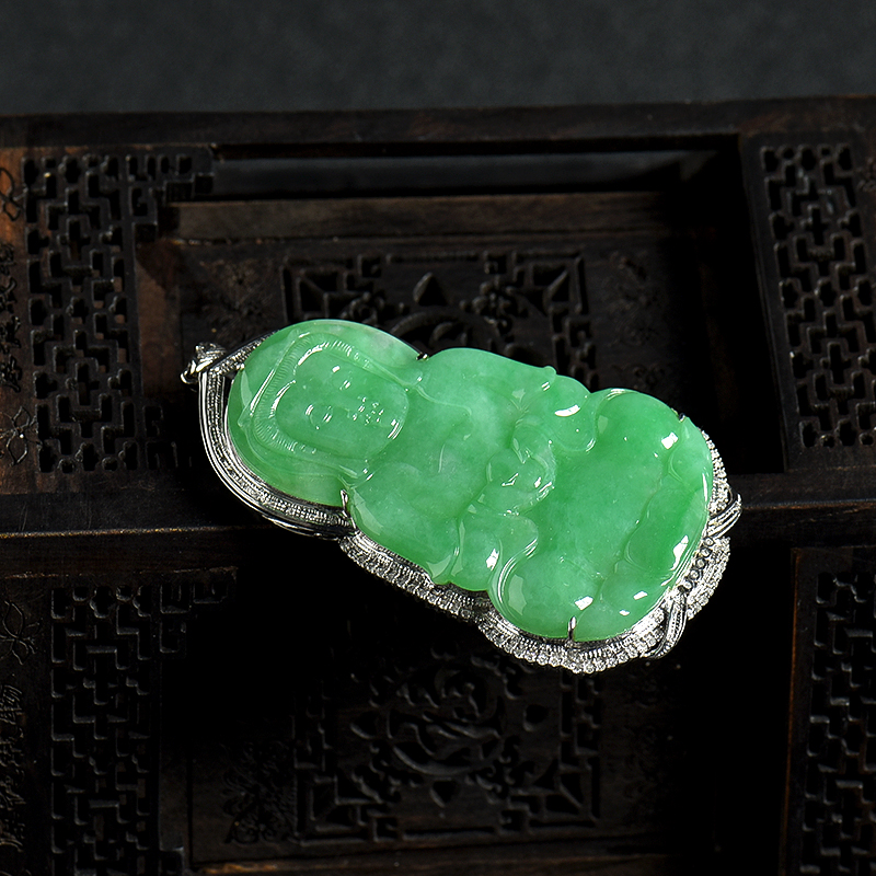 18K金镶钻天然翠绿翡翠观音吊坠-红掌柜