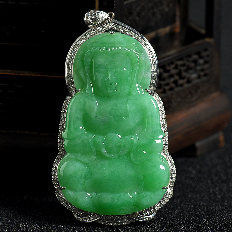 18K金镶钻天然糯种翠绿翡翠吊坠-红掌柜