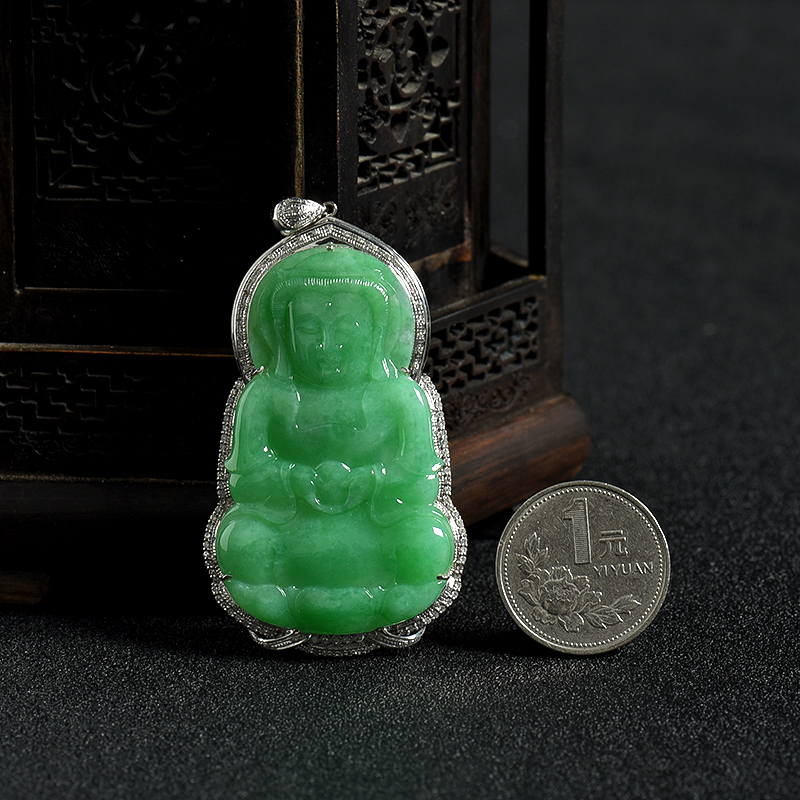 糯种翠绿翡翠观音吊坠-红掌柜