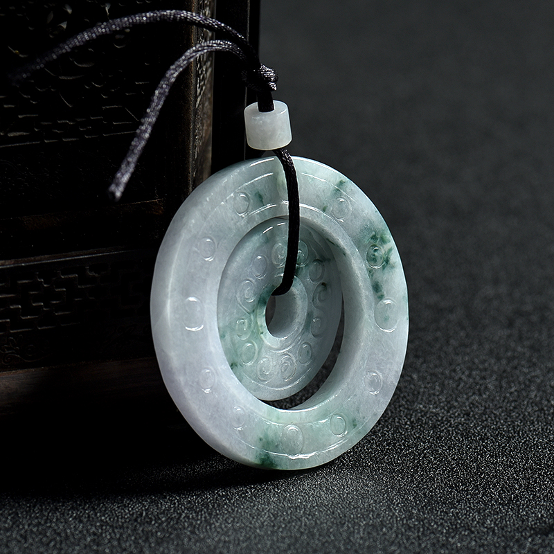 天然豆种飘花翡翠子母平安扣吊坠-红掌柜